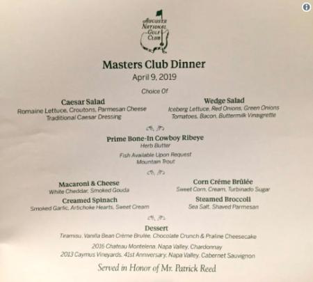 Patrick Reed's Masters dinner menu